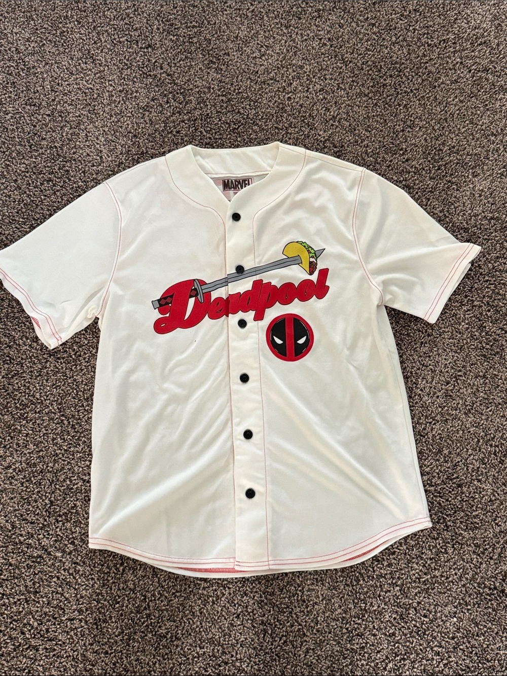 Marvel Deadpool White and Red Baseball Jersey